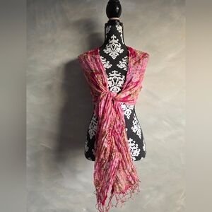 Violet Del Mar pink and green pattern scarf with fringed edges Linen 74x20 Italy